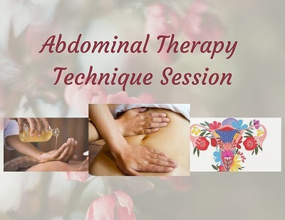 Abdominal Therapy session showing oils, hands on the abdominal and womb made out of flowers