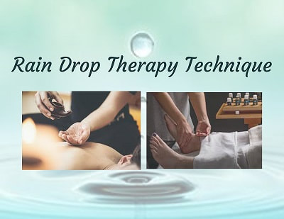 Rain drop technique with a lady laying and oils about to be put on and someone is getting a foot massage with oils